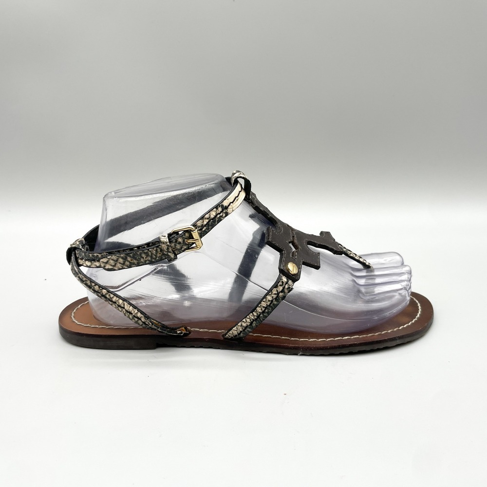 Tory Burch Womens 8M Miller Thong Sandals Brown Snakeskin Leather Flat Preppy